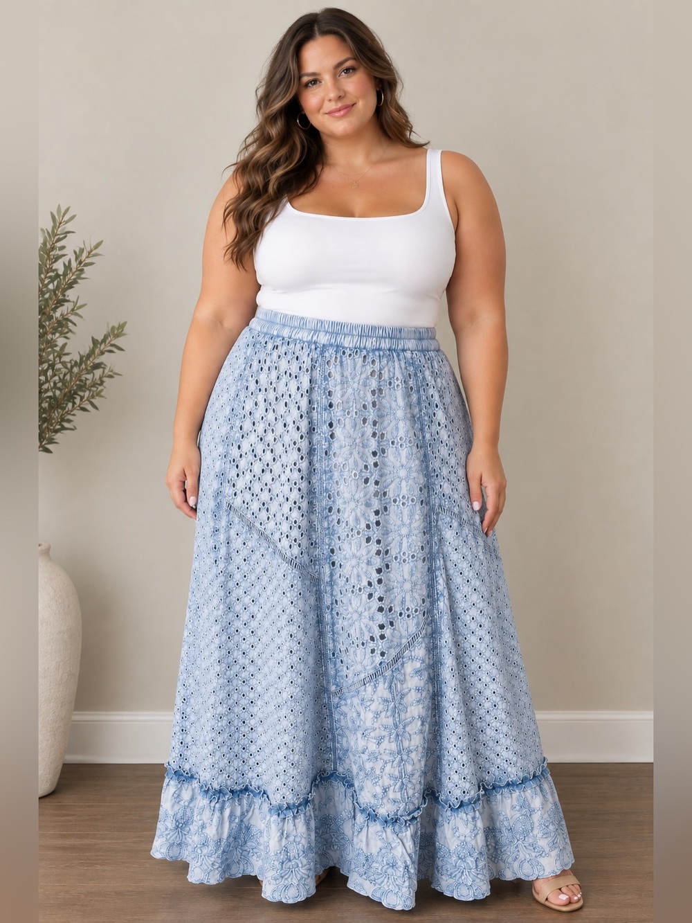 NWT Soft Surroundings Light Blue embroidered Eyelet Maxi Skirt Bohemian